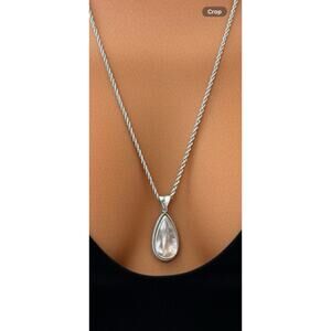 Vintage Silver Tone Teardrop Crystal Pendant Necklace 24 Inch